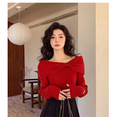 批发红色一字领露肩毛针织衫打底上衣秋冬新款圣诞节穿搭战袍订婚<b class='q'>礼服</b>