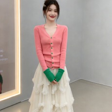 批发好看拼色长袖V领<b class='q'>修身</b>弹力针织衫女显瘦休闲薄款上衣打底衫<b class='q'>小外套</b>