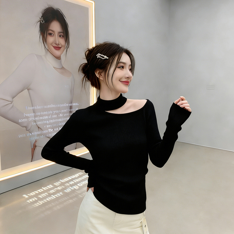 봄 고급 센스 행침 목 오프숄더 니트 스웨터 검정색 스웨터 여자 가을과 겨울 루즈핏 슬림해 보이는 만나는 긴팔 맨위