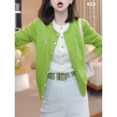 批发春季新款慵懒风绿色针织<b class='q'>开衫</b>外套宽松圆领假两件上衣