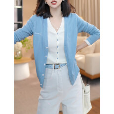 批发假两件蓝色<b class='q'>长袖</b><b class='q'>针织衫</b>女2026年春季新款洋气减龄开衫外套V领上衣