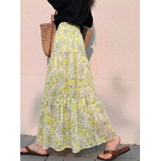 批发度假风植物系印花木耳边法式半身裙复古碎花长裙女2026新碎花裙子