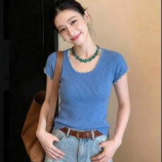 批发2026<b class='q'>春</b>夏新款韩版重工钉珠u领短袖针织衫女修身显瘦上衣