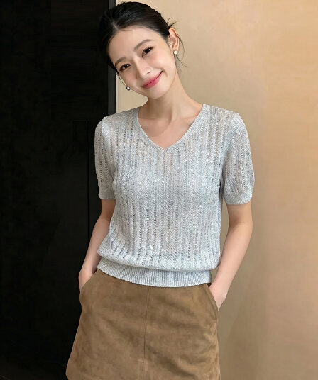한 부서 부드러운 바람 스팽글 반팔 니트 스웨터 여성 여름 품격 얇은 스타일 통기성 V넥 티셔츠 다용도 슬림해 보이는 맨위