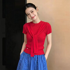 批发红色针织短袖T恤女夏季别致设计感小众 独特漂亮的<b class='q'>假两件</b>上衣