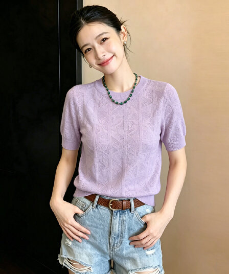 우아함 절묘한 여성 자카드 라운드 넥 홀로우 아웃 니트 스웨터 2026 여름 새로운 부드러운 외국 가스 연령 감소 맨위 여성
