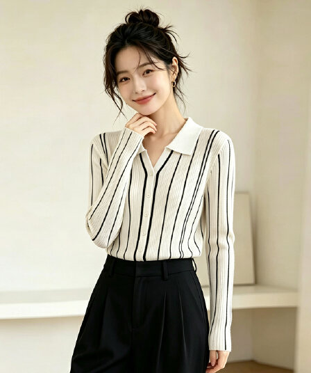 정가 오래된 돈 바람 스트라이프 폴로 칼라 긴팔 여성 셔츠 가을 새로운 프랑스식 품격 니트 오픈 가디건 맨위