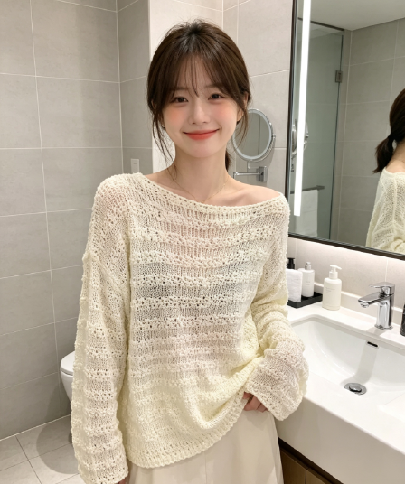 높음 물품 조기 멋진 가을 센스 벨트 실 홀로우 아웃 니트 자외선 차단 블라우스 여성 2026 새로운 루즈핏 외부 잡아라. 의류