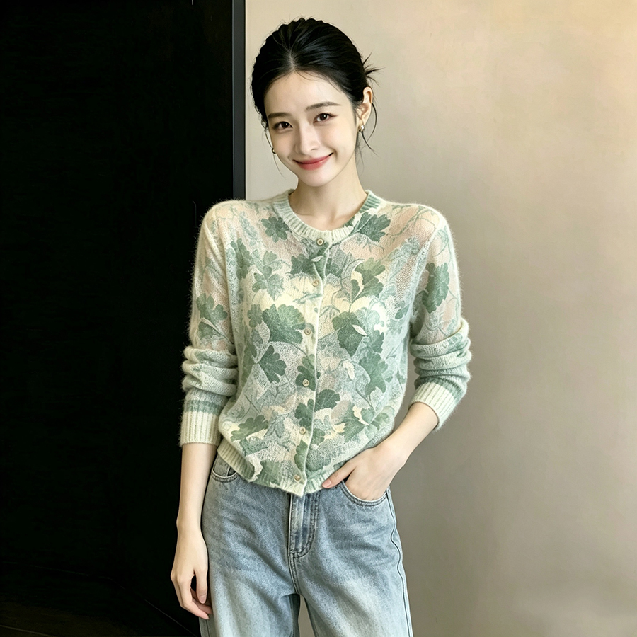 BY32031# 法式温柔慵懒风圆领印花针织衫女秋新款小众高级感毛衣上衣 服裝批發女裝批發服飾貨源