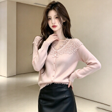 批发优雅精致女秋冬内搭立体剪裁蕾丝镂空v领修身针织<b class='q'>开衫</b>女老钱上衣