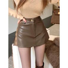 高品质#150小矮个子复古pu皮半开叉女冬辣妹包臀高腰短裙裤防走光