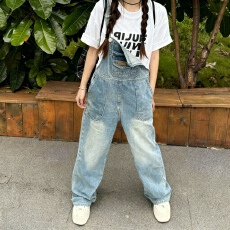 批发实拍#品质#小矮个子牛仔<b class='q'>背带裤</b><b class='q'>女</b>宽松高腰直筒阔腿拖地工装连体<b class='q'>裤</b>