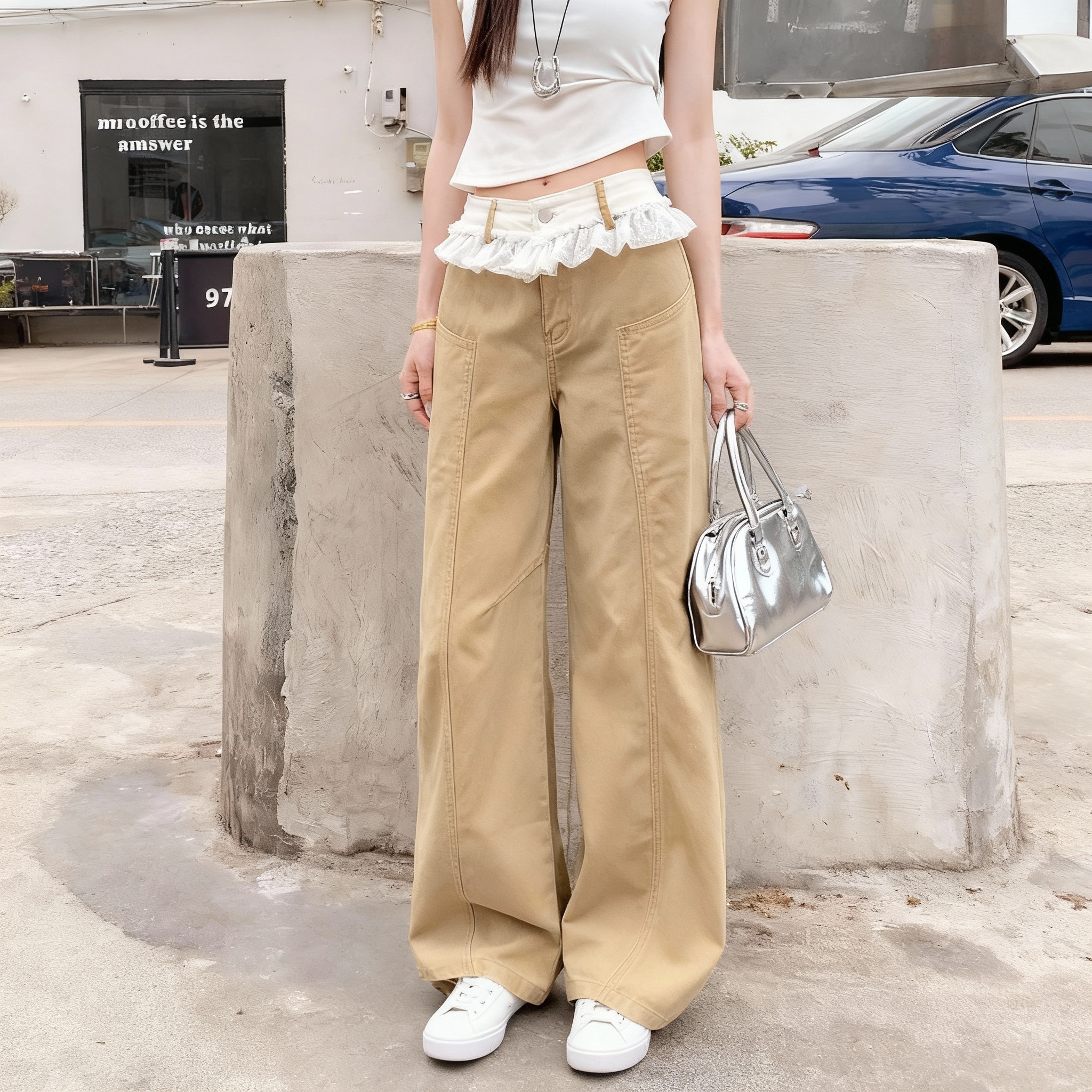 MY15430# 小矮个子复古蕾丝拼接牛仔裤女春季阔腿裤拖地裤女裝貨源服裝批發