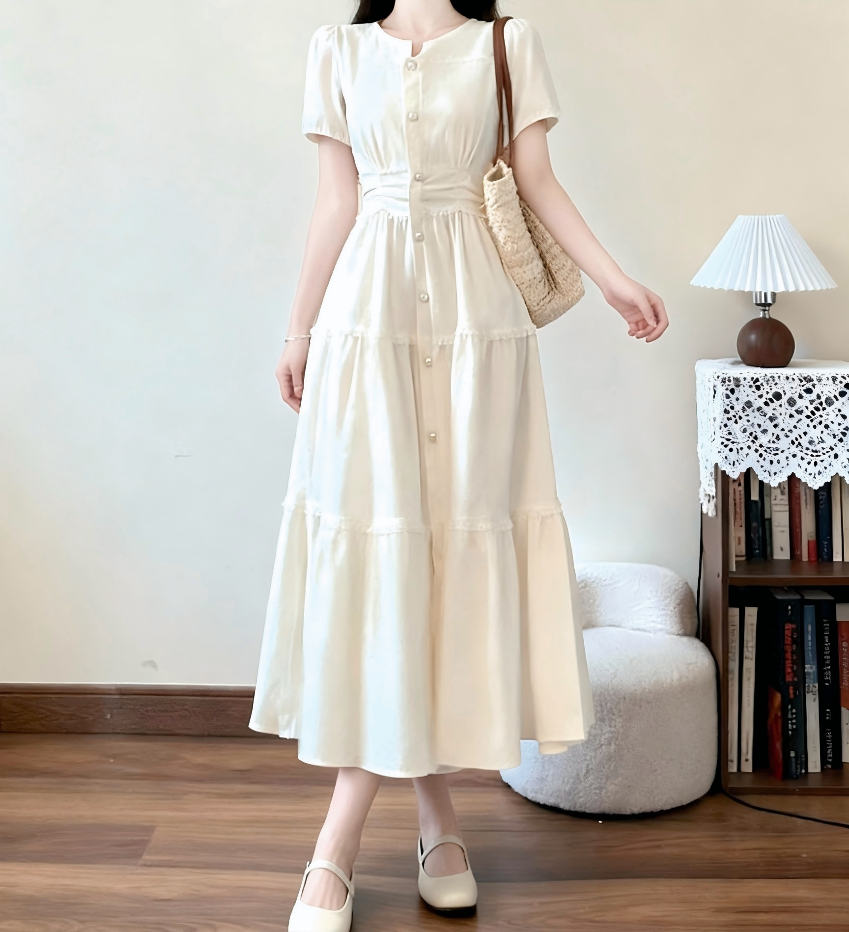 MY15433# 小矮个子法式衬衫连衣裙女夏季收腰中长款a字裙女裝貨源服裝批發