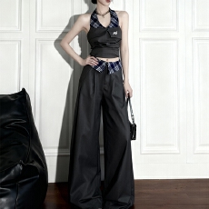 批发实拍#高品质# 150小矮个子格纹拼接挂脖无袖上衣女<b class='q'>夏</b>阔腿裤两件套