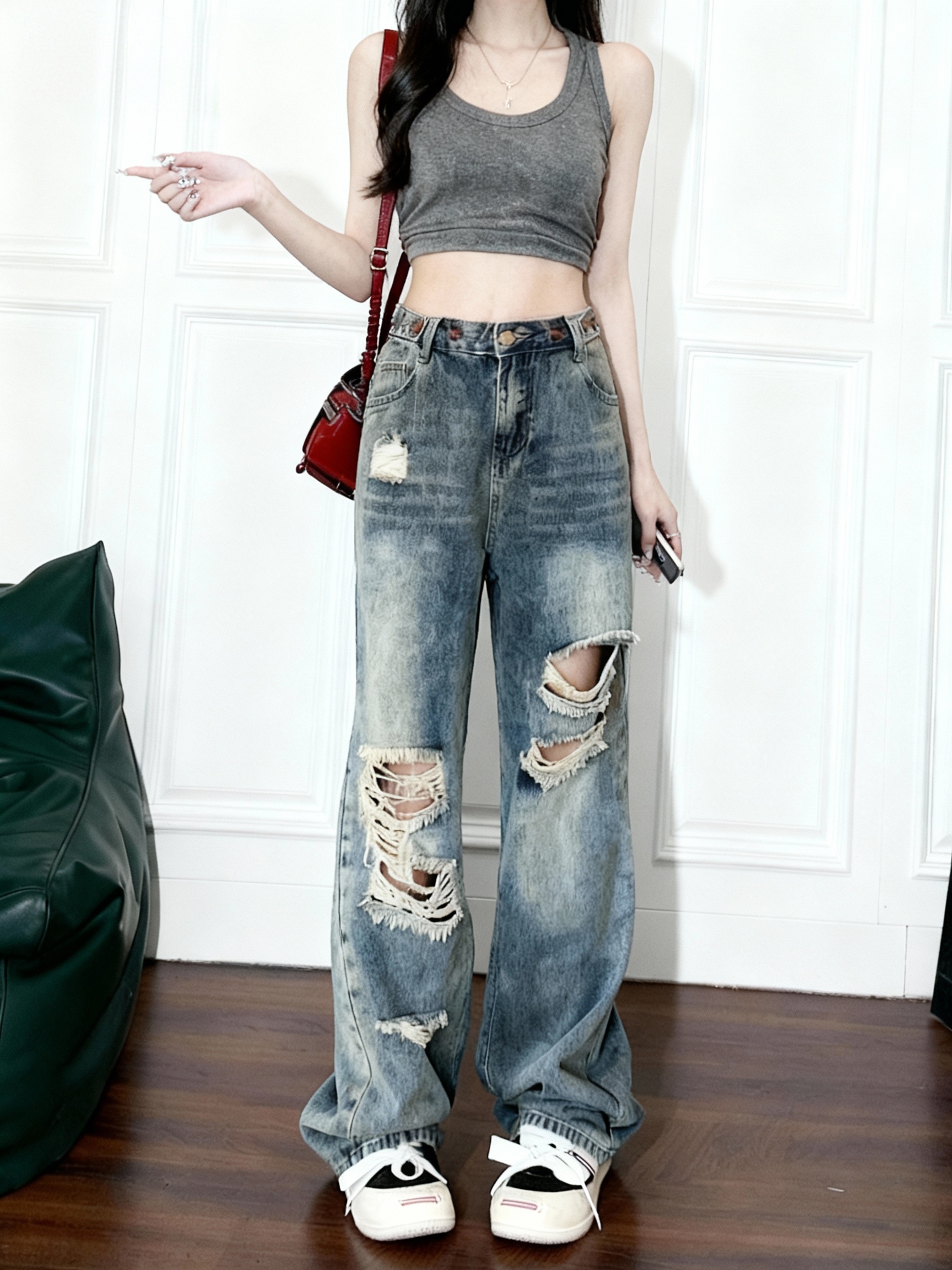 MY15424# 小矮个子潮流港味破洞牛仔裤女高腰阔腿拖地xs显高九分夏女裝貨源服裝批發