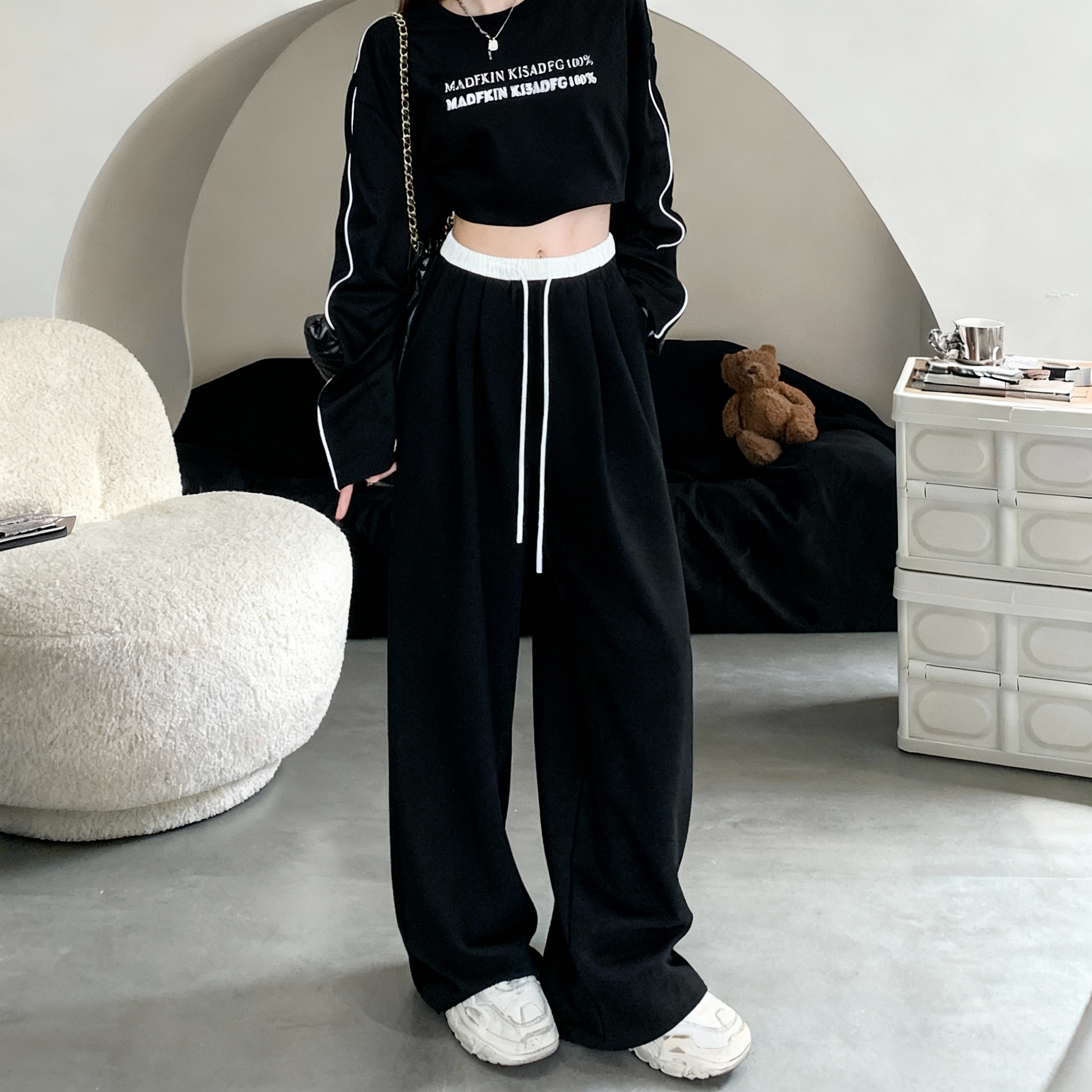 MY15423# 小矮个子垂感抽绳运动裤女秋冬宽松拖地阔腿裤女裝貨源服裝批發