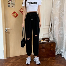 批发实拍实价#小个子束脚卫裤八分九分纯棉破洞运动休闲裤xs高腰<b class='q'>哈伦</b>