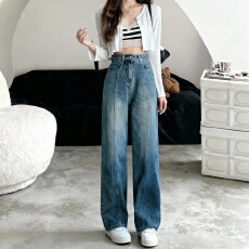 批发实拍#150小矮个子<b class='q'>女生</b>直筒<b class='q'>牛仔裤</b>女复古美式高腰阔腿做旧显高九分