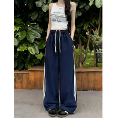 批发实拍#高品质#小个子美式条纹阔腿休闲裤<b class='q'>女</b>夏抽绳高腰<b class='q'>运动</b>束脚直筒