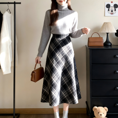 批发实拍#150小矮个子格纹毛呢半身裙女秋冬大摆伞裙高腰中长款a字裙