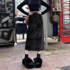 批发实拍#150小矮个子加厚丝绒亮片<b class='q'>半身</b>裙女冬高腰a字包臀裙一步裙