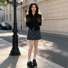 批发实拍#150小矮个子格子毛呢半身裙女冬高腰显瘦美式a字复古包臀裙