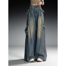 批发实拍#150小矮个子复古绑带蝴蝶结牛仔裤女夏多口袋拖地高腰阔腿裤