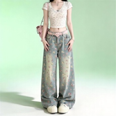 批发实拍#150小矮个子复古花卉满印牛仔裤女夏水洗设计高腰直筒阔腿裤