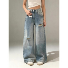 批发实拍#150小矮个子破洞做旧牛仔裤女春夏复古显瘦高腰阔腿拖地裤