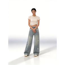 批发实拍#150小矮个子立体蝴蝶结牛仔裤女夏高腰直筒裤复古蕾丝阔腿裤