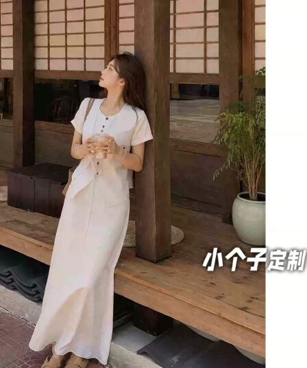 실사 150 작은 짧은 남자 아마 페이크 레이어드 반팔 여성 셔츠 여름 품격 하이웨이스트 한 마디 반신 치마 세트