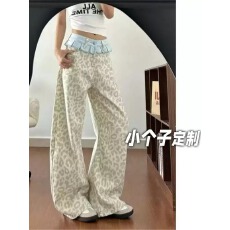 批发实拍#150小矮个子裙摆拼接豹纹<b class='q'>牛仔裤</b>女冬宽松拖地高腰美式阔腿裤