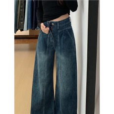 批发实拍#150小矮个子设计感<b class='q'>牛仔裤</b>女冬季垂感直筒高腰宽松拖地阔腿裤