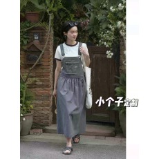 批发实拍#150小矮个子烟紫灰水洗工装背带裙女复古瘦a字吊带连衣裙
