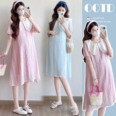 批发实拍~2026夏季甜美时尚娃娃领肌理感减龄短袖孕妇装连衣裙