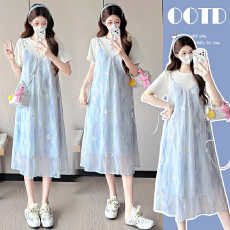 批发实拍   2026新款孕妇装韩版显瘦棉T恤拼接雪纺刺绣假两件连衣裙