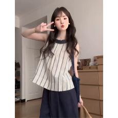 批发2025夏新款独特漂亮小众设计感上衣撞色条纹花边领外穿无袖背心女