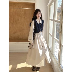 批发法式气质穿搭牛仔马甲<b class='q'>连衣裙</b>套装女2025秋季新款衬衫裙超火两件套