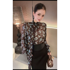 批发（多种穿法-可前后两穿）设计感腰果花飘带拼接长袖衬衫CS30986