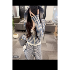 批发蓝色条纹连帽拉链卫衣套装女冬季拖地长裤慵懒三件套