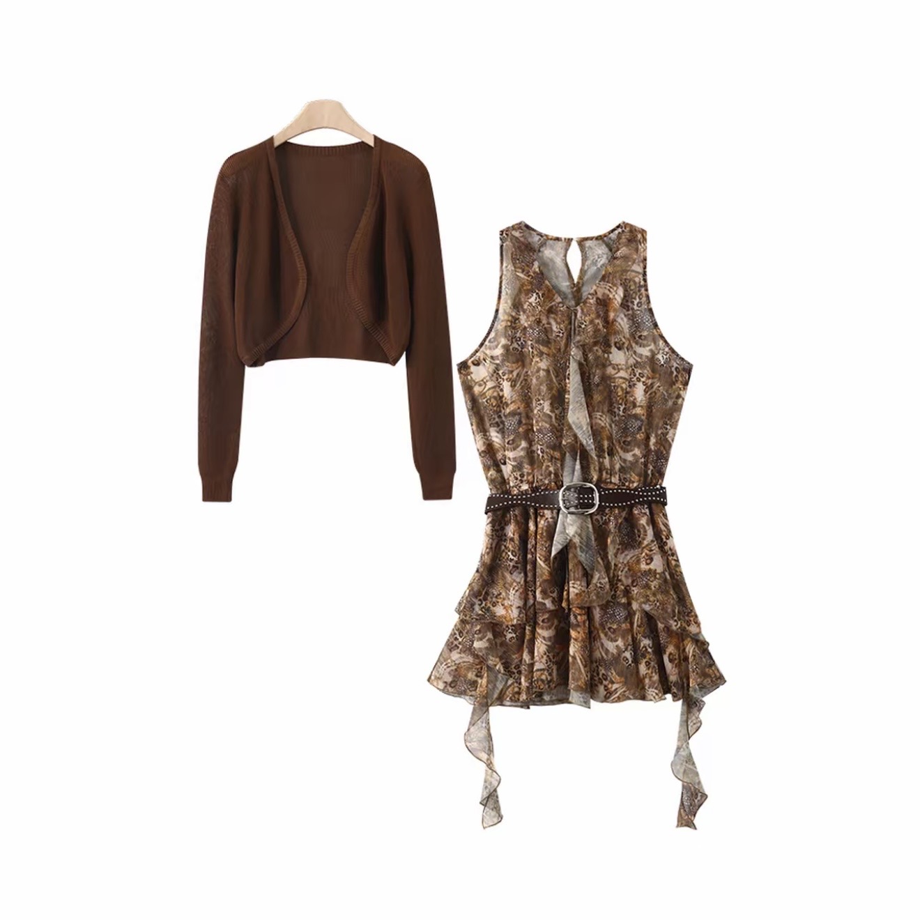 레트로 레오파드 무늬 프린트 휴가 바람이 아닙니다. 규칙 대 치마 도루 센스 품격 반신 치마 벨트 오픈 가디건 세트