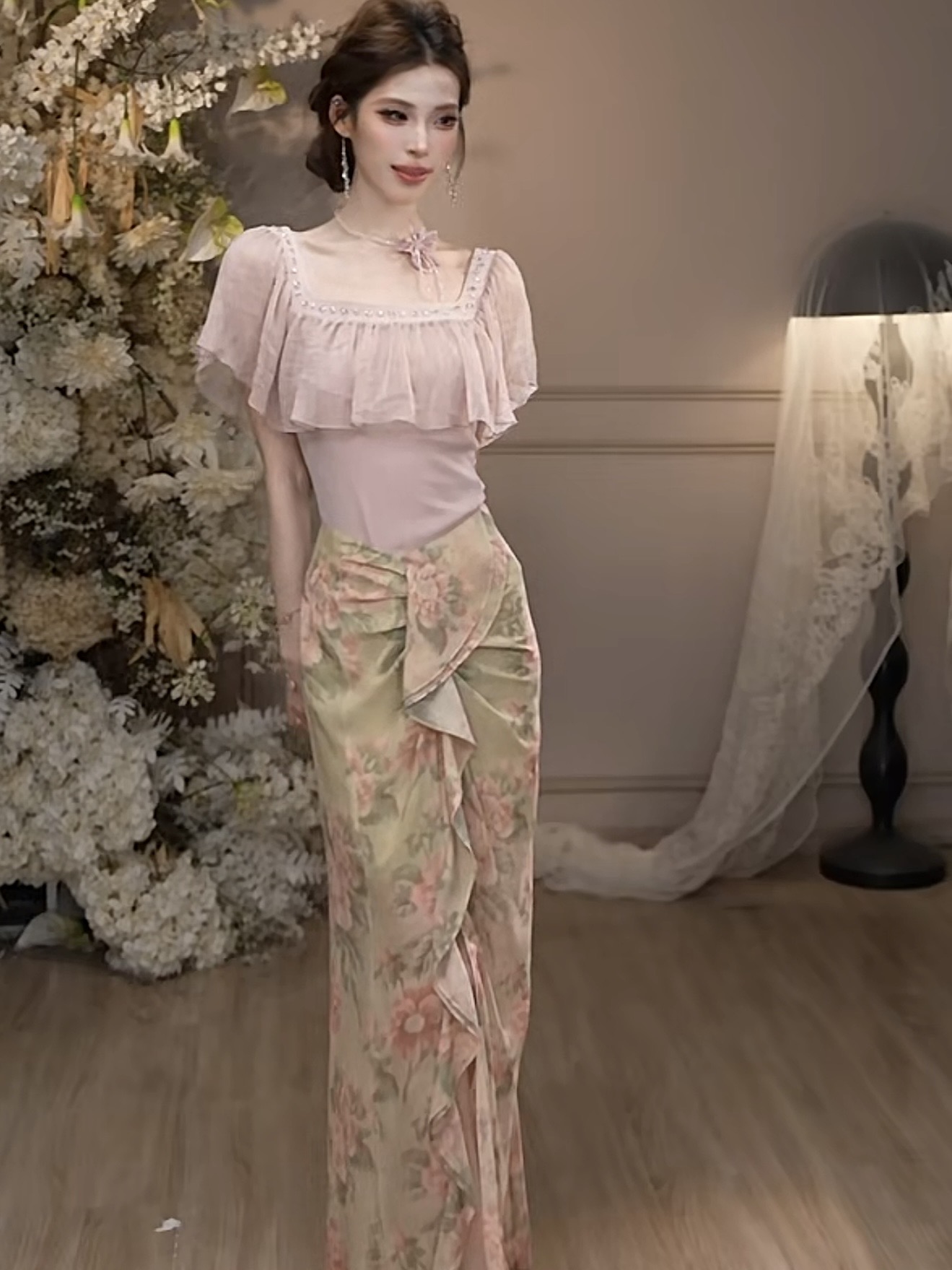 피터 팬 삼촌 수 있습니다. 연꽃 따기 프랑스식 광장 칼라 디자인 물결무늬 측면 수리 몸 의류 주름 프린트 반 스커트