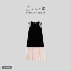 批发ZHEN.臻 法式初夏重工木耳蕾丝网纱真丝丝绒背心连衣裙