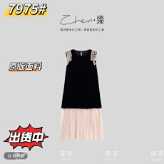 批发ZHEN.臻 法式初夏重工木耳蕾丝网纱<b class='q'>真丝</b>丝绒<b class='q'>背心</b>连衣裙