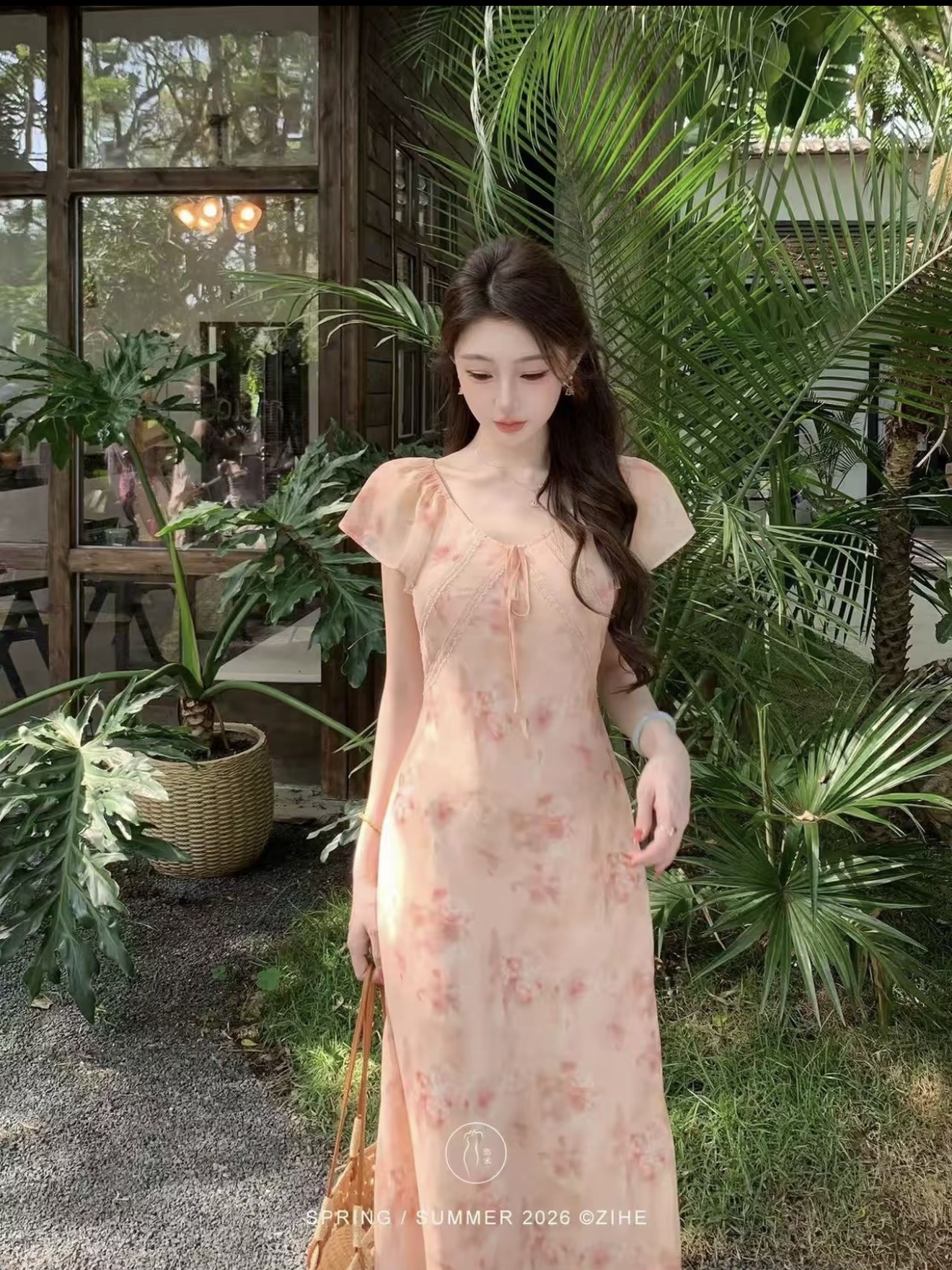 구름 사쿠라 빛 소매 새로운 중식 품격 프랑스식 여름 슬림해 보이는 꽃무늬 드레스 작은 날다 소매 롱 스커트