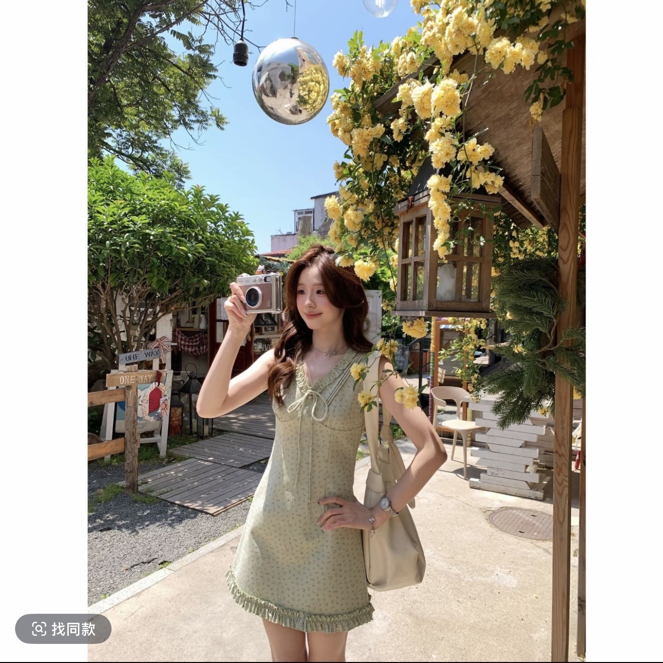 원자바오 여름 녹색 복숭아 한 부서 높음 지혜 센스 밝은 녹색 V넥 민소매 드레스 허리 수축 슬림해 보이는 꽃무늬 치마
