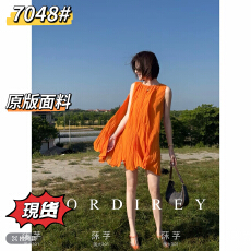 批发心想事橙夏季橘色显瘦褶皱<b class='q'>无袖</b><b class='q'>连衣裙</b>裙子出片漂亮衣服