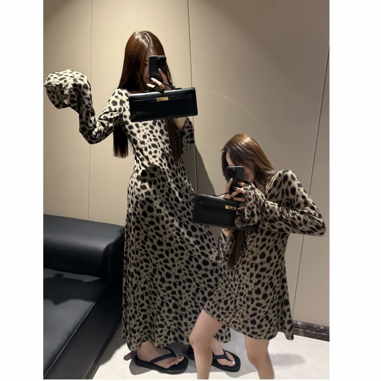 클립 레오파드 무늬 대나무 섬유 신축성 편안함 롱 스커트 미니 스커트 루즈핏 느긋한 긴팔 여름 드레스