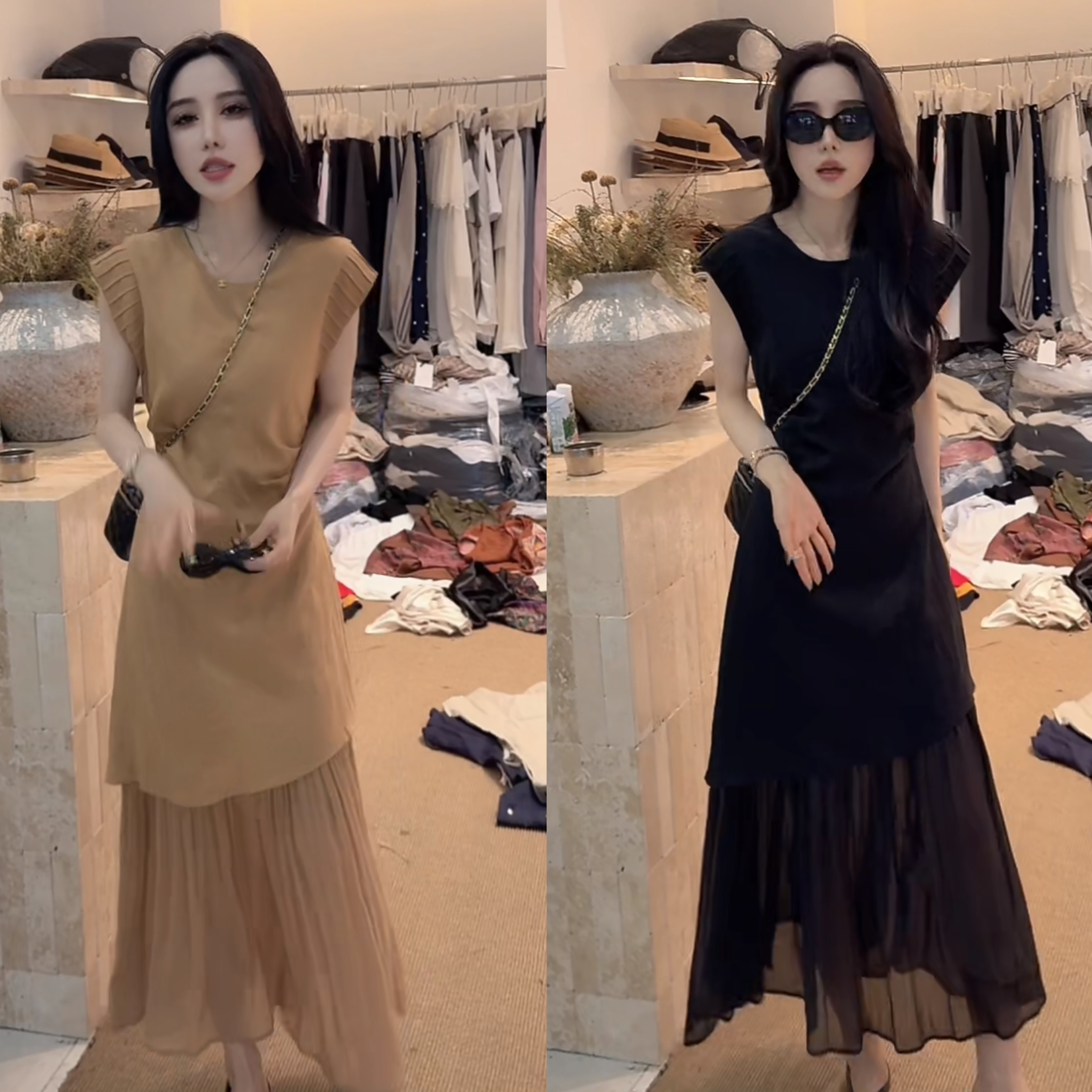 레트로 그는 벤 바람 V넥 허리 수축 슬림해 보이는 품격 여름 드레스 8655 치마 길다 124 왼쪽과 오른쪽